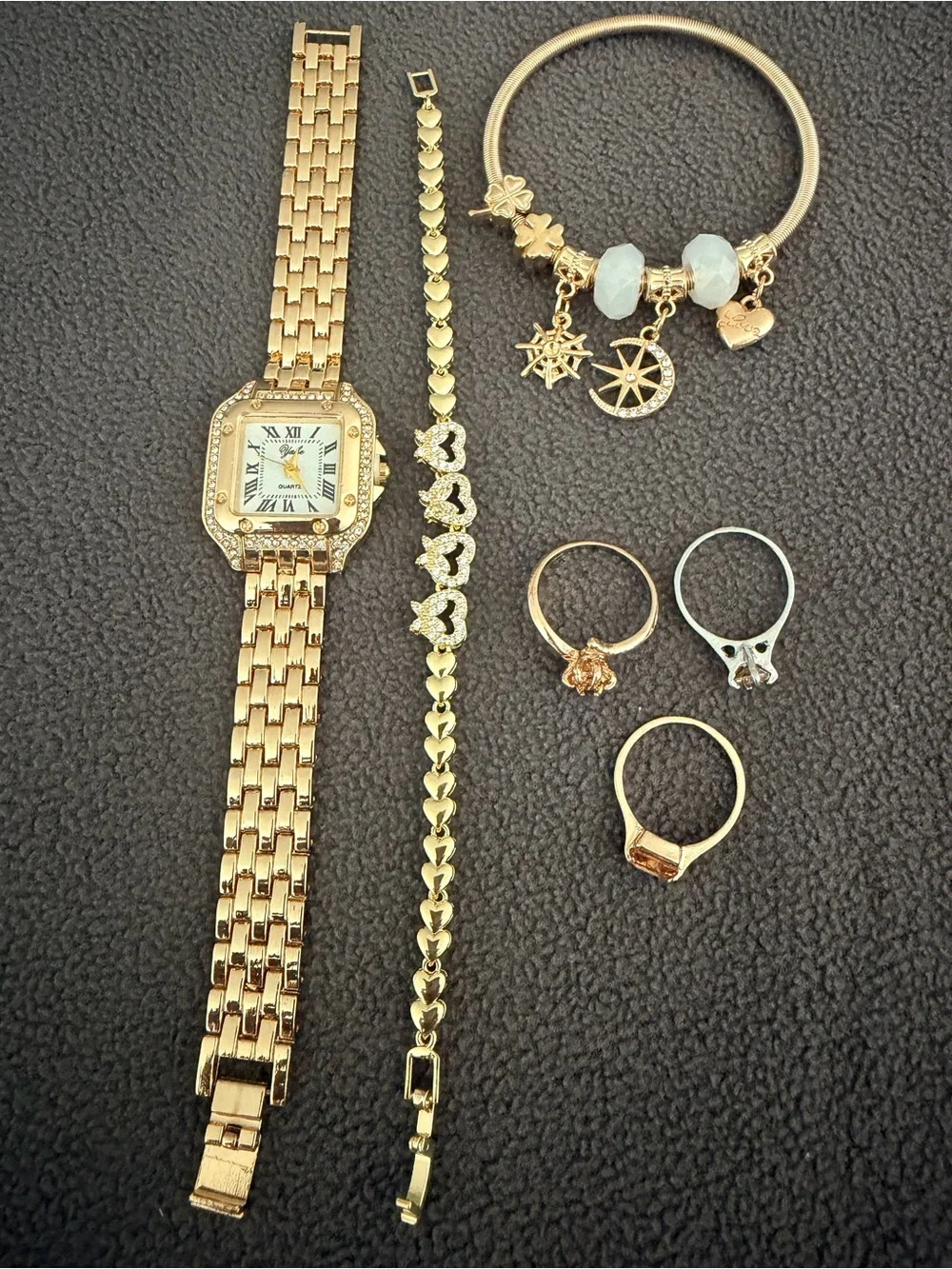 Gold-Tone Women's Bracelet Watch and Charm Jewelry Set